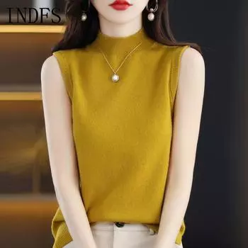 INDFS Женская мода повседневная летняя весна однотонная печать без рукавов полуводолазка блузки и рубашки S белый