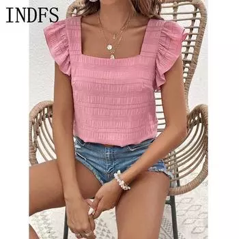 INDFS Женская мода повседневная летняя весна однотонные принтованные блузки и рубашки без рукавов с квадратным воротником S красный