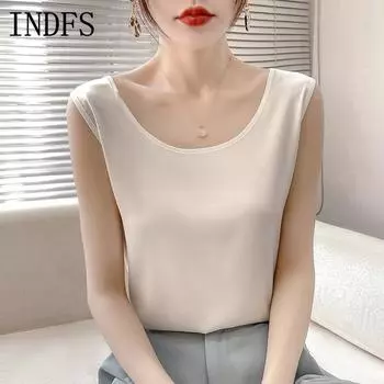 INDFS Женская мода повседневная летняя весна однотонные принтованные безрукавки с U-образным вырезом блузки и рубашки S белый