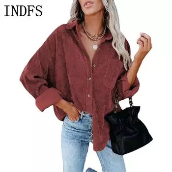 INDFS Женская мода Повседневная однотонная принтованная рубашка весна-осень с длинными рукавами и воротником-поло Пуловеры и длинные рукава S белый