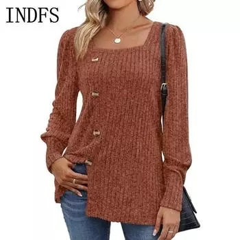 INDFS Женская мода повседневная однотонная принтованная весна осень с длинным рукавом квадратный воротник пуловеры и длинные рукава S