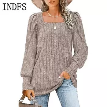 INDFS Женская мода повседневная однотонная принтованная весна осень с длинным рукавом квадратный воротник пуловеры и длинные рукава S красный