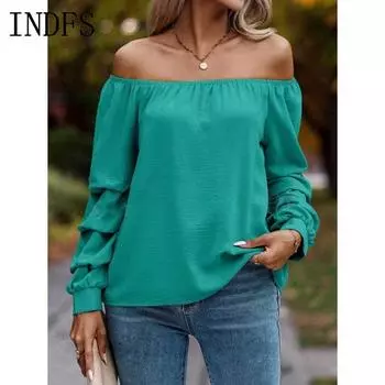 INDFS Женская мода повседневная однотонная принтованная весна осень с длинным рукавом одно плечо пуловеры и длинные рукава S озеро синий