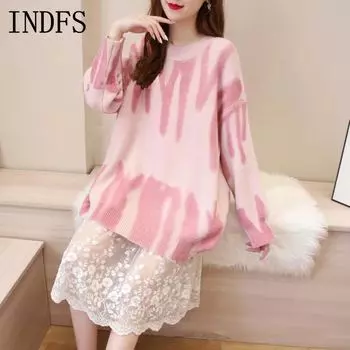 INDFS Женская мода повседневная осень-зима цветные блоки с принтом длинный рукав O-образный вырез свитера Size: One Size белый