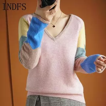 INDFS Женская мода повседневная осень-зима цветные блоки с принтом длинный рукав V-образный вырез свитера M