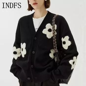 INDFS Женская мода повседневная осень-зима цветочный узор с принтом длинный рукав V-образный вырез свитера Size: One Size чёрный
