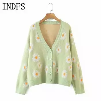 INDFS Женская мода повседневная осень-зима цветочный узор с принтом длинный рукав V-образный вырез свитера Size: One Size белый