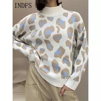 INDFS Женская мода повседневная осень-зима леопардовый принт длинный рукав полуводолазка свитера S синий