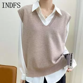 INDFS Женская мода повседневная осень-зима однотонные принтованные свитера без рукавов с V-образным вырезом S белый