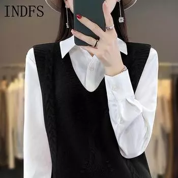 INDFS Женская мода повседневная осень-зима однотонные принтованные свитера без рукавов с V-образным вырезом S