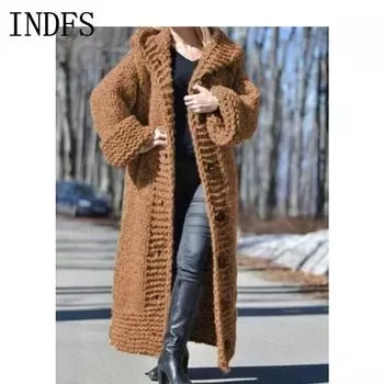 INDFS Женская мода повседневная осень-зима однотонный принт длинный рукав с капюшоном свитера S хаки