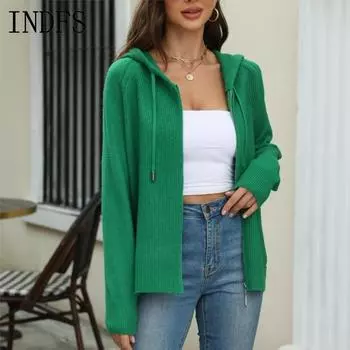 INDFS Женская мода повседневная осень-зима однотонный принт длинный рукав с капюшоном свитера S трава зеленый