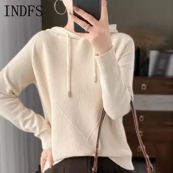 INDFS Женская мода повседневная осень-зима однотонный принт длинный рукав с капюшоном свитера S бежевый