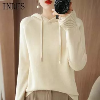 INDFS Женская мода повседневная осень-зима однотонный принт длинный рукав с капюшоном свитера S бежевый