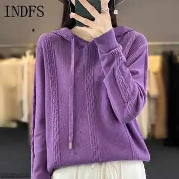 INDFS Женская мода повседневная осень-зима однотонный принт длинный рукав с капюшоном свитера S серый