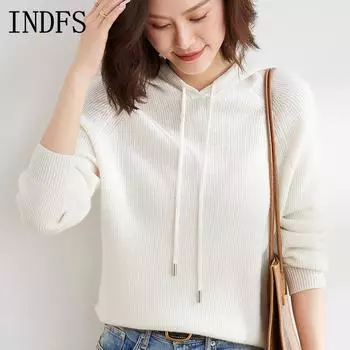 INDFS Женская мода повседневная осень-зима однотонный принт длинный рукав с капюшоном свитера S белый