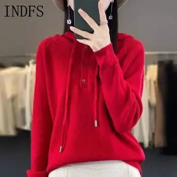 INDFS Женская мода повседневная осень-зима однотонный принт длинный рукав с капюшоном свитера S