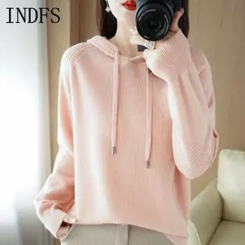 INDFS Женская мода повседневная осень-зима однотонный принт длинный рукав с капюшоном свитера S розовый