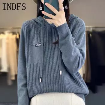 INDFS Женская мода повседневная осень-зима однотонный принт длинный рукав с капюшоном свитера S бежевый