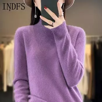 INDFS Женская мода повседневная осень-зима однотонный принт длинный рукав полуводолазка свитера S