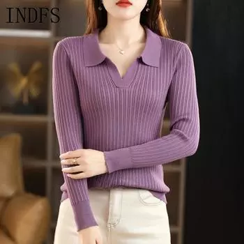 INDFS Женская мода повседневная осень-зима однотонный принт длинный рукав поло воротник свитера M светло-серый