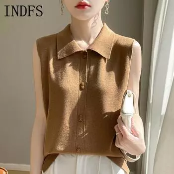 INDFS Женская мода повседневная осень-зима однотонный принт без рукавов поло воротник свитера M хаки