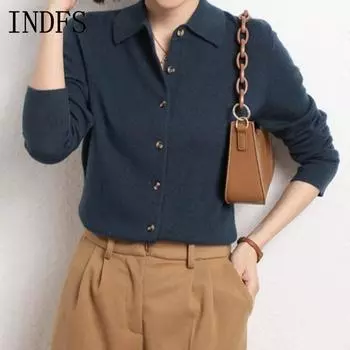 INDFS Женская мода повседневная осень-зима однотонный принт длинный рукав поло воротник свитера M изумрудный