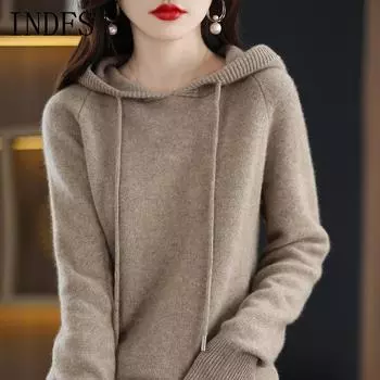 INDFS Женская мода повседневная осень-зима однотонный принт длинный рукав с капюшоном свитера S