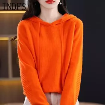 INDFS Женская мода повседневная осень-зима однотонный принт длинный рукав с капюшоном свитера M бежевый