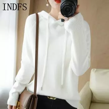 INDFS Женская мода повседневная осень-зима однотонный принт длинный рукав с капюшоном свитера M белый