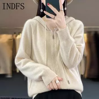 INDFS Женская мода повседневная осень-зима однотонный принт длинный рукав с капюшоном свитера S бежевый
