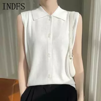 INDFS Женская мода повседневная осень-зима однотонный принт без рукавов поло воротник свитера M белый
