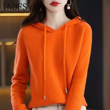 INDFS Женская мода повседневная осень-зима однотонный принт длинный рукав с капюшоном свитера S