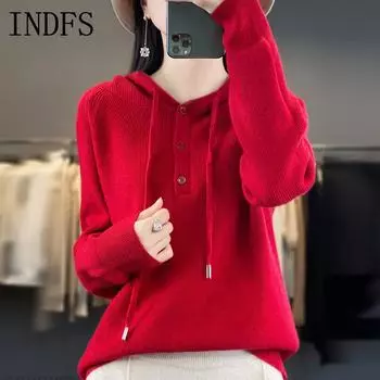 INDFS Женская мода повседневная осень-зима однотонный принт длинный рукав с капюшоном свитера S