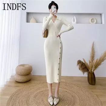 INDFS Женская мода повседневная осень-зима однотонный принт длинный рукав поло воротник свитера Size: One Size