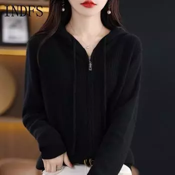 INDFS Женская мода повседневная осень-зима однотонный принт длинный рукав с капюшоном свитера M чёрный