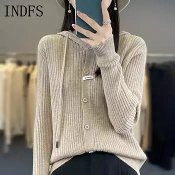 INDFS Женская мода повседневная осень-зима однотонный принт длинный рукав с капюшоном свитера S бежевый