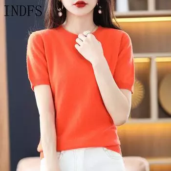 INDFS Женская мода повседневная осень-зима однотонный принт короткий рукав О-образный вырез свитера M