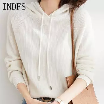 INDFS Женская мода повседневная осень-зима однотонный принт длинный рукав с капюшоном свитера S 80-47.5kg белый