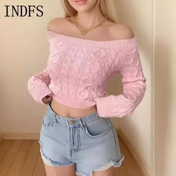 INDFS Женская мода повседневная осень-зима однотонный принт длинный рукав одно плечо свитера S розовый