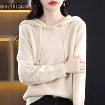 INDFS Женская мода повседневная осень-зима однотонный принт длинный рукав с капюшоном свитера M бежевый
