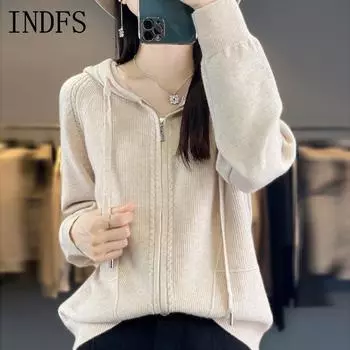 INDFS Женская мода повседневная осень-зима однотонный принт длинный рукав с капюшоном свитера S чёрный