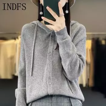 INDFS Женская мода повседневная осень-зима однотонный принт длинный рукав с капюшоном свитера S бежевый
