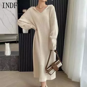 INDFS Женская мода повседневная осень-зима однотонный принт длинный рукав с капюшоном свитера Size: One Size