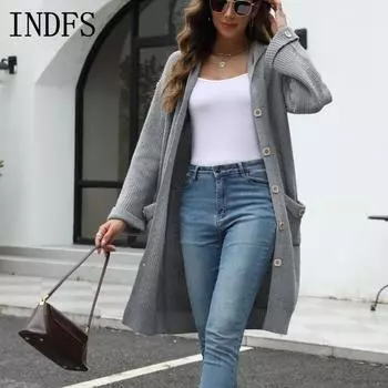 INDFS Женская мода повседневная осень-зима однотонный принт длинный рукав с капюшоном свитера S серый