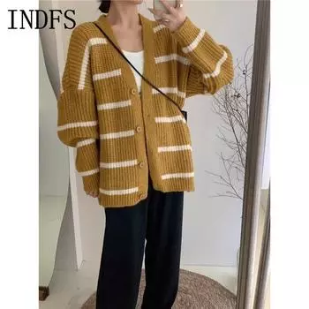 INDFS Женская мода повседневная осень-зима полосатый принт длинный рукав V-образный вырез свитера Size: One Size жёлтый