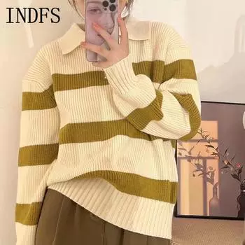 INDFS Женская мода повседневная осень-зима полосатый принт длинный рукав поло воротник свитера Size: One Size