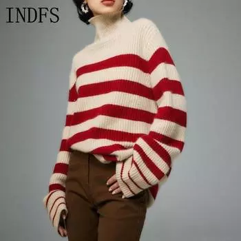 INDFS Женская мода повседневная осень-зима полосатый принт длинный рукав высокий ворот свитера Size: One Size чёрный