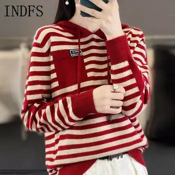 INDFS Женская мода повседневная осень-зима полосатый принт длинный рукав с капюшоном свитера M темно-синий