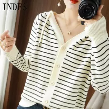 INDFS Женская мода повседневная осень-зима полосатый принт длинный рукав с капюшоном свитера M белый